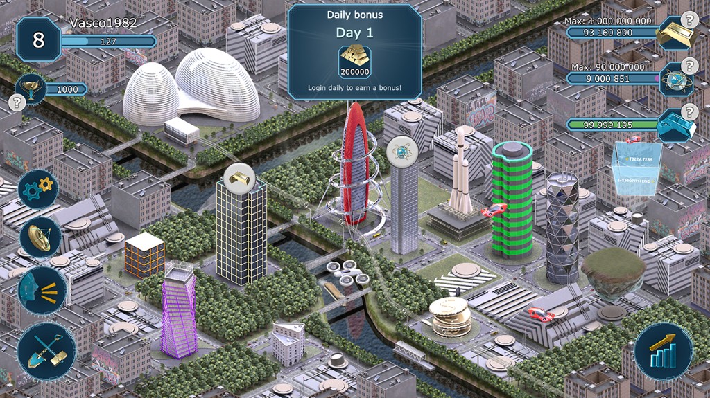 City view of the player’s empire in Accounting for Empires showing futuristic buildings, resources, and UI elements.