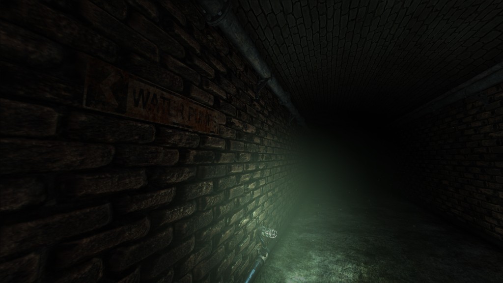 Dimly lit corridor with a water-stained brick wall and faint light in the distance.
